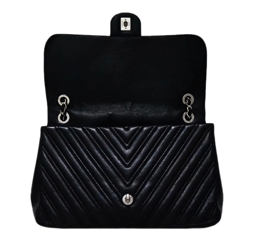 Authentic Chanel Black Chevron Calfskin Jumbo