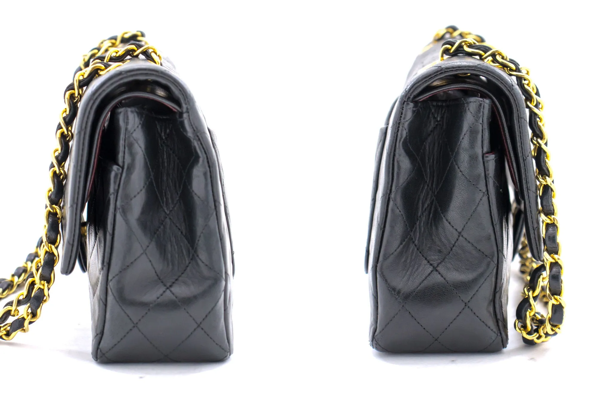 CHANEL Classic Double Flap 10" Chain Shoulder Bag Black Lambskin i71