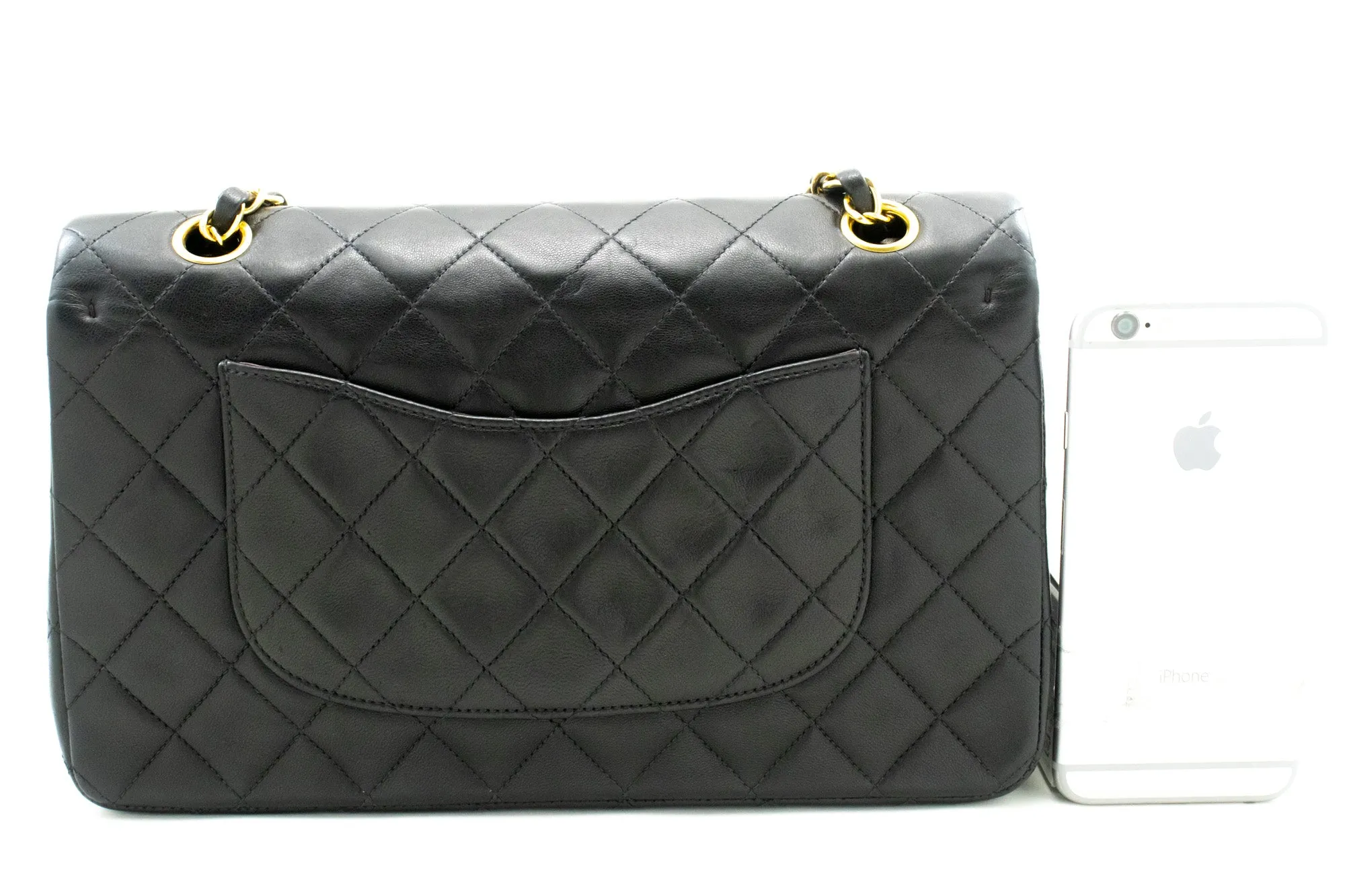 CHANEL Classic Double Flap 10" Chain Shoulder Bag Black Lambskin m52