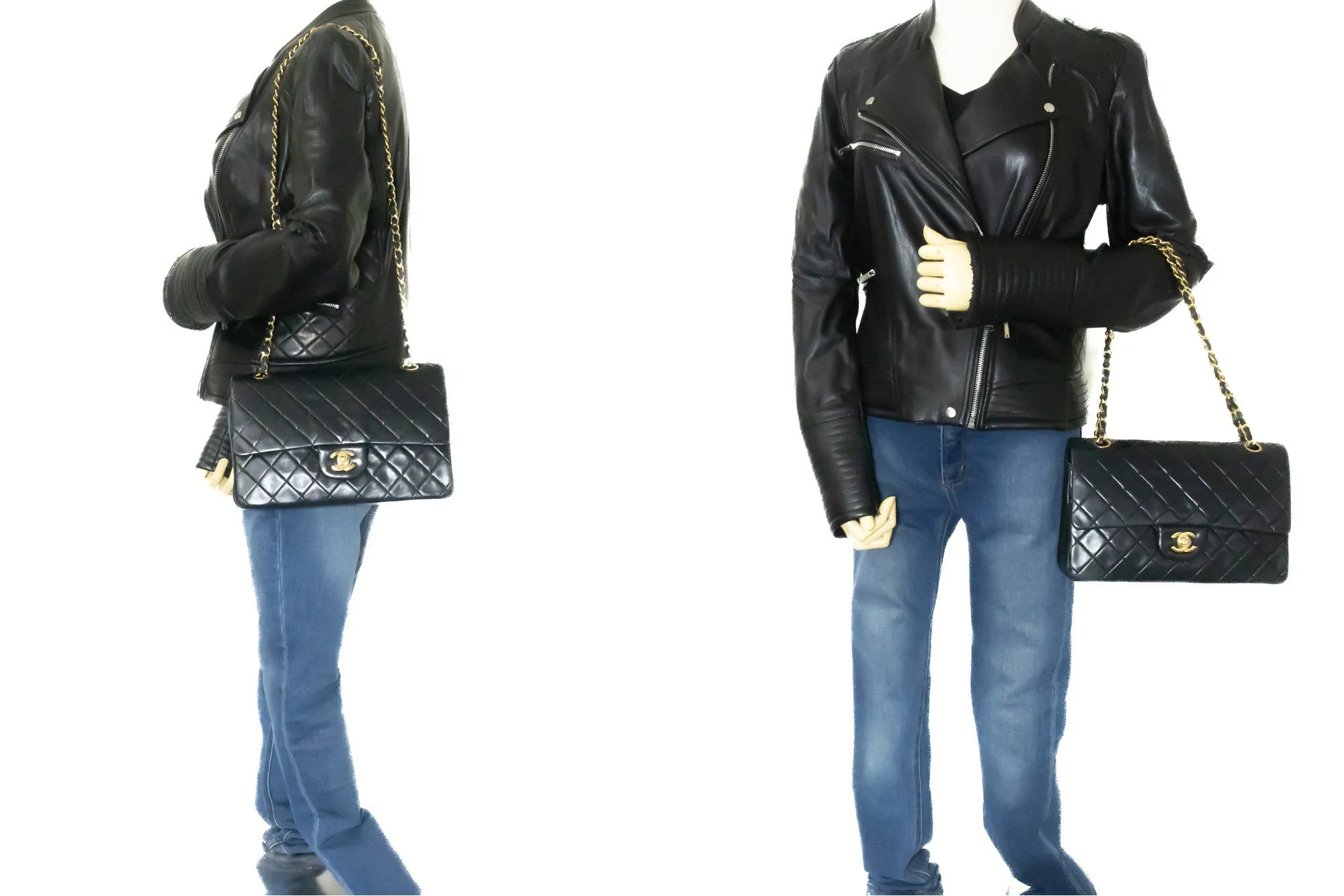 CHANEL Classic Double Flap 10" Chain Shoulder Bag Black Lambskin m59