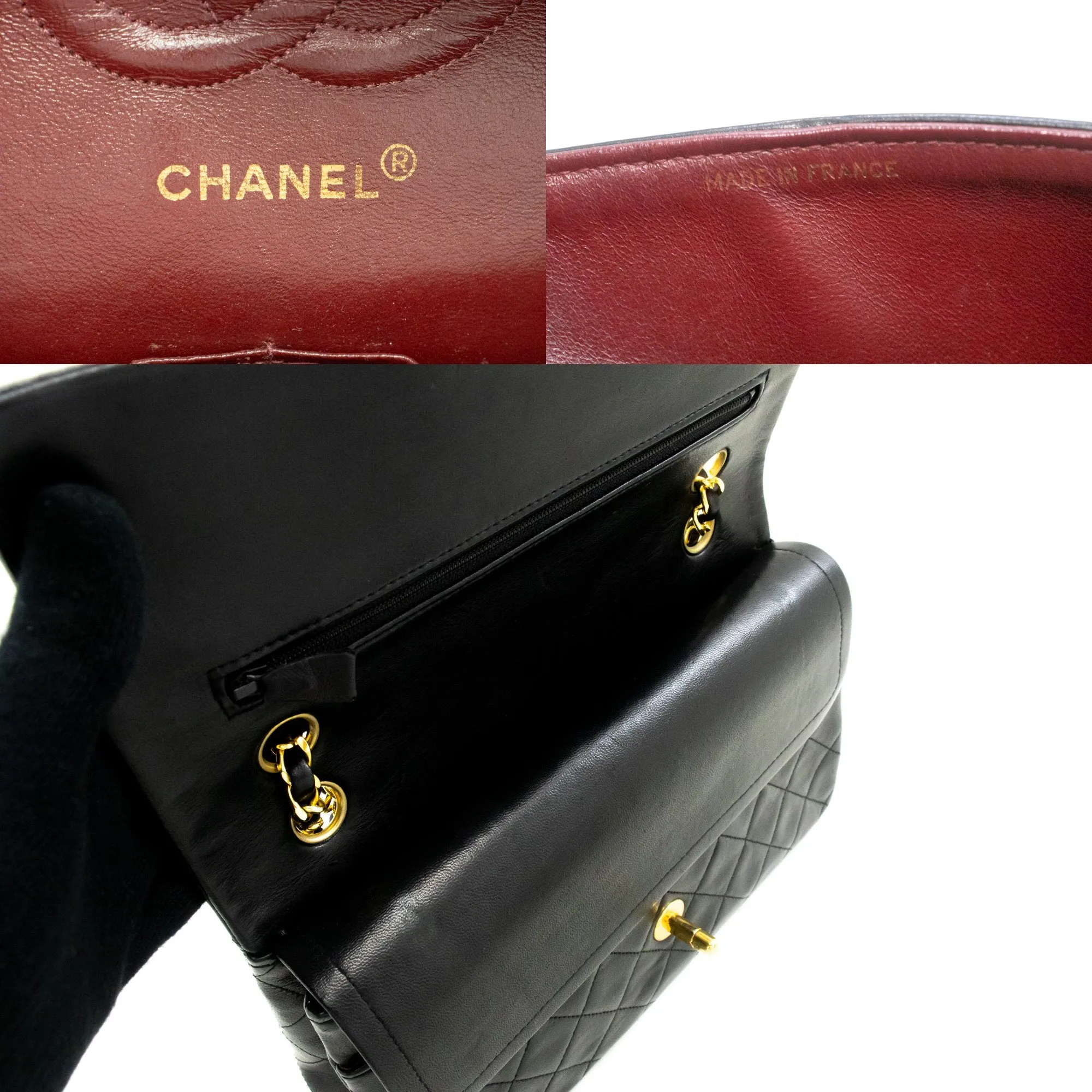 CHANEL Classic Double Flap 10" Chain Shoulder Bag Black Lambskin m98