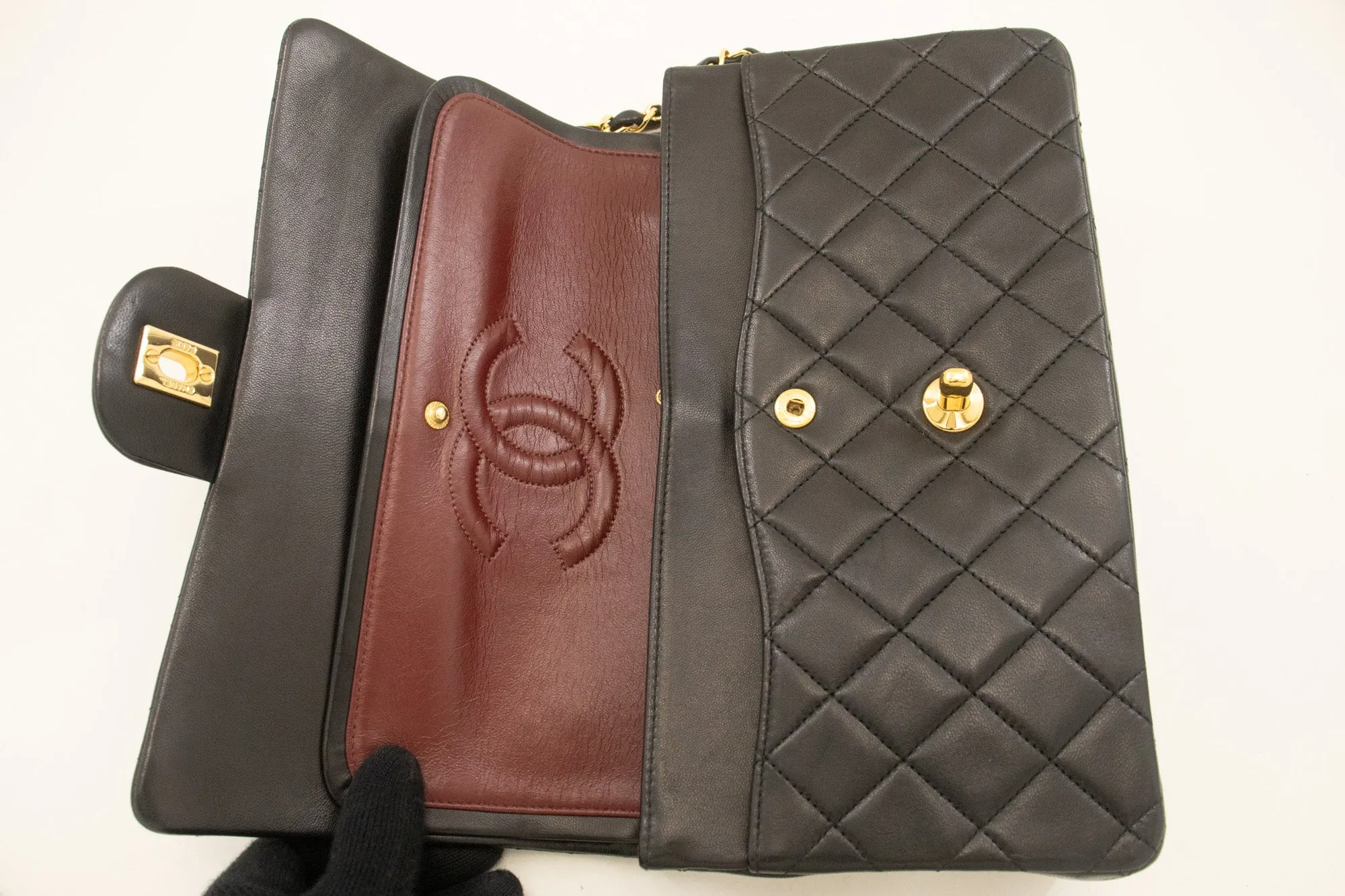 CHANEL Classic Double Flap 10" Chain Shoulder Bag Black Lambskin n90