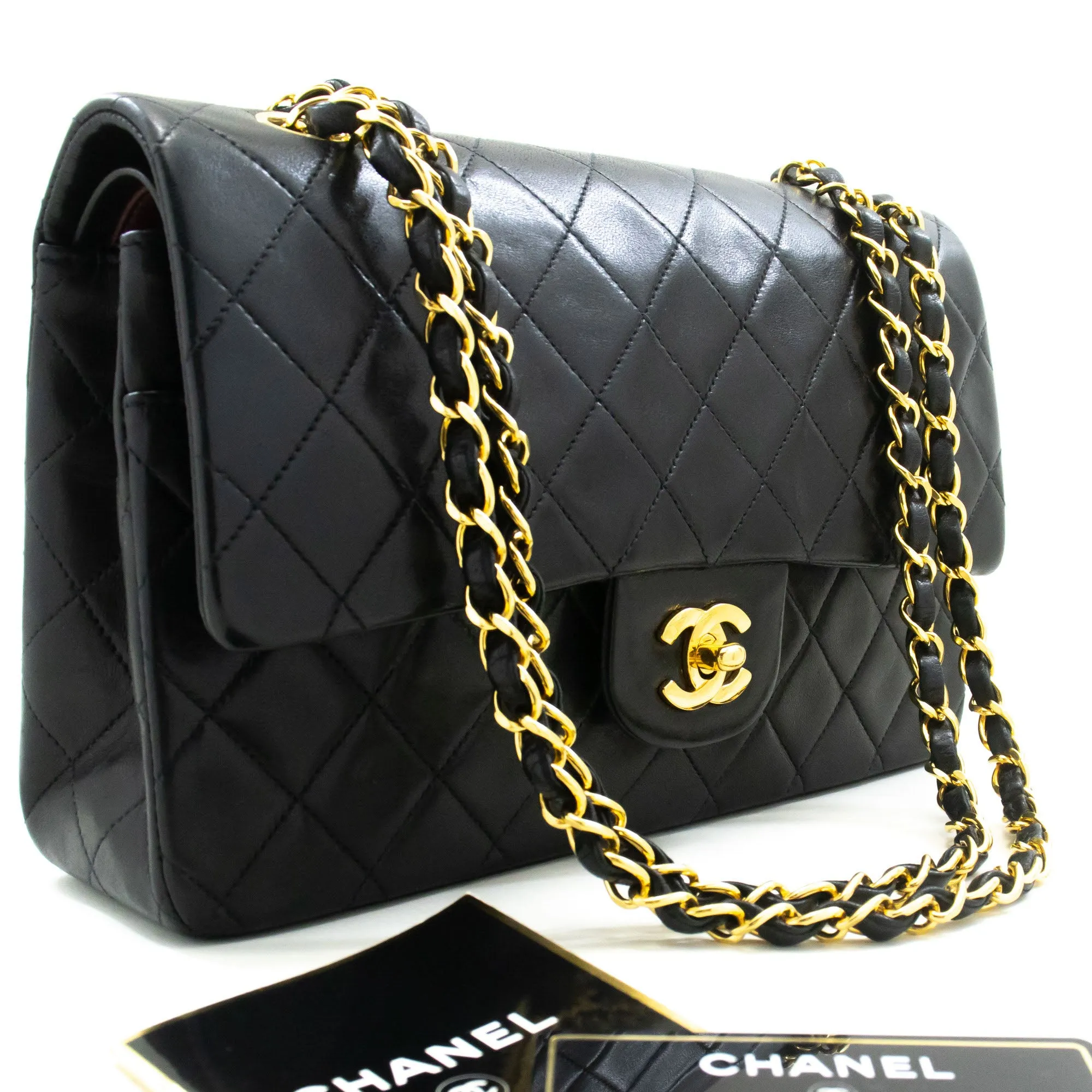CHANEL Classic Double Flap 10" Chain Shoulder Bag Black Lambskin p04