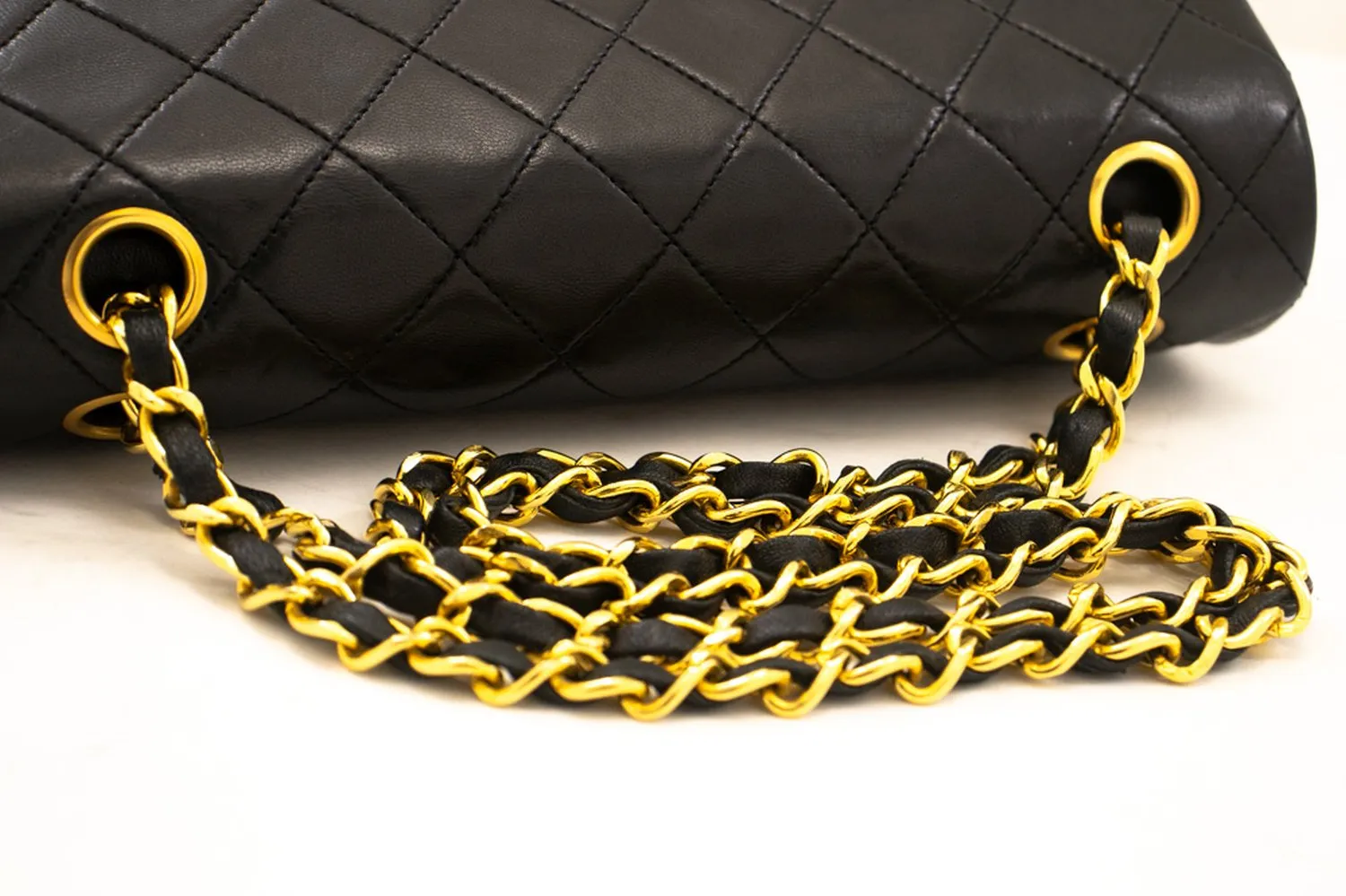 CHANEL Classic Double Flap 9" Chain Shoulder Bag Black Lambskin L39