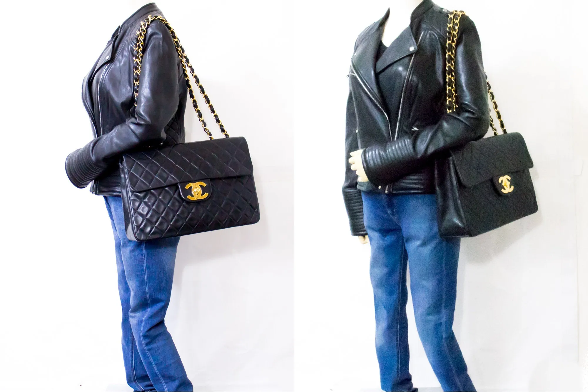 CHANEL Jumbo 13" Maxi 2.55 Flap Chain Shoulder Bag Black Lambskin d66