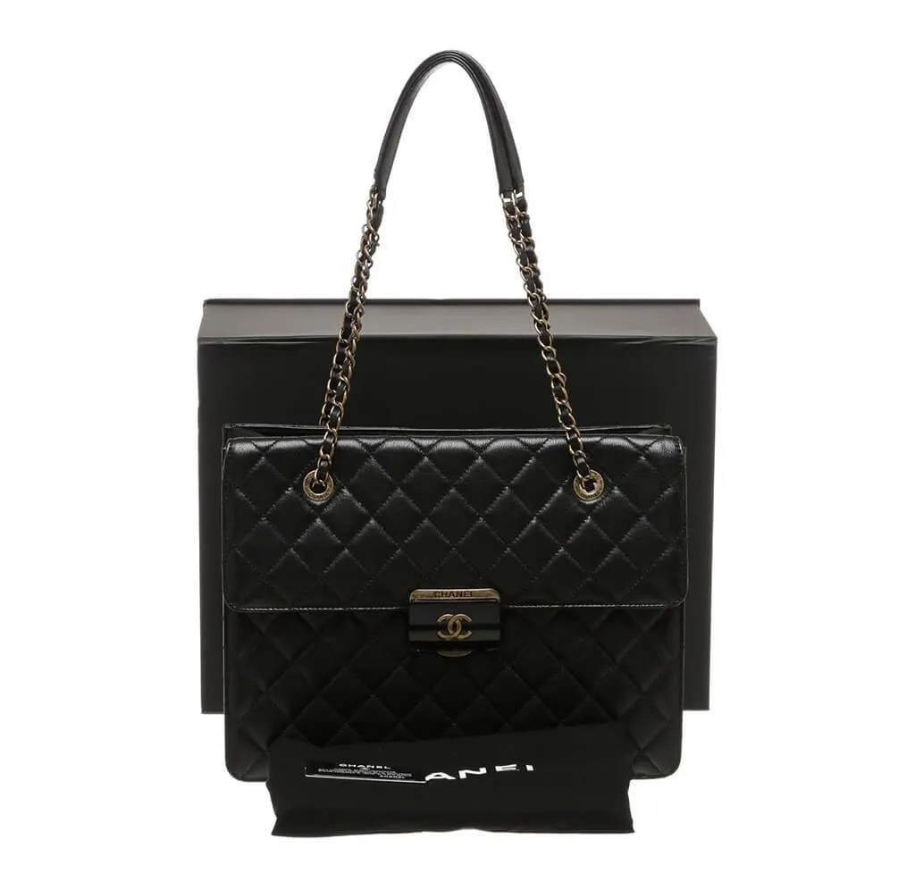 Chanel Quilted Tote Bag Black Lambskin