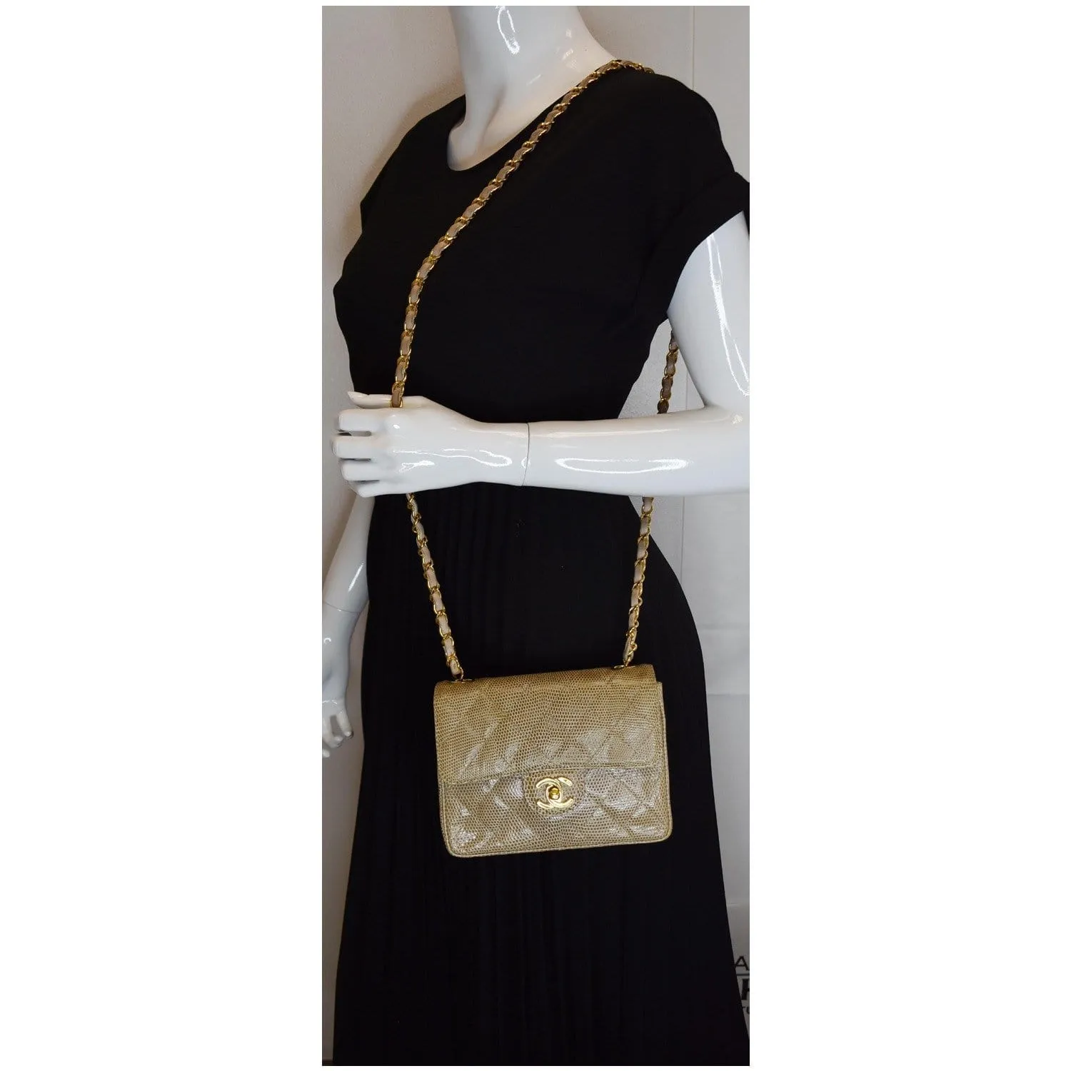 CHANEL Vintage Mini Square Flap Lizard Shoulder Bag Beige/Gold