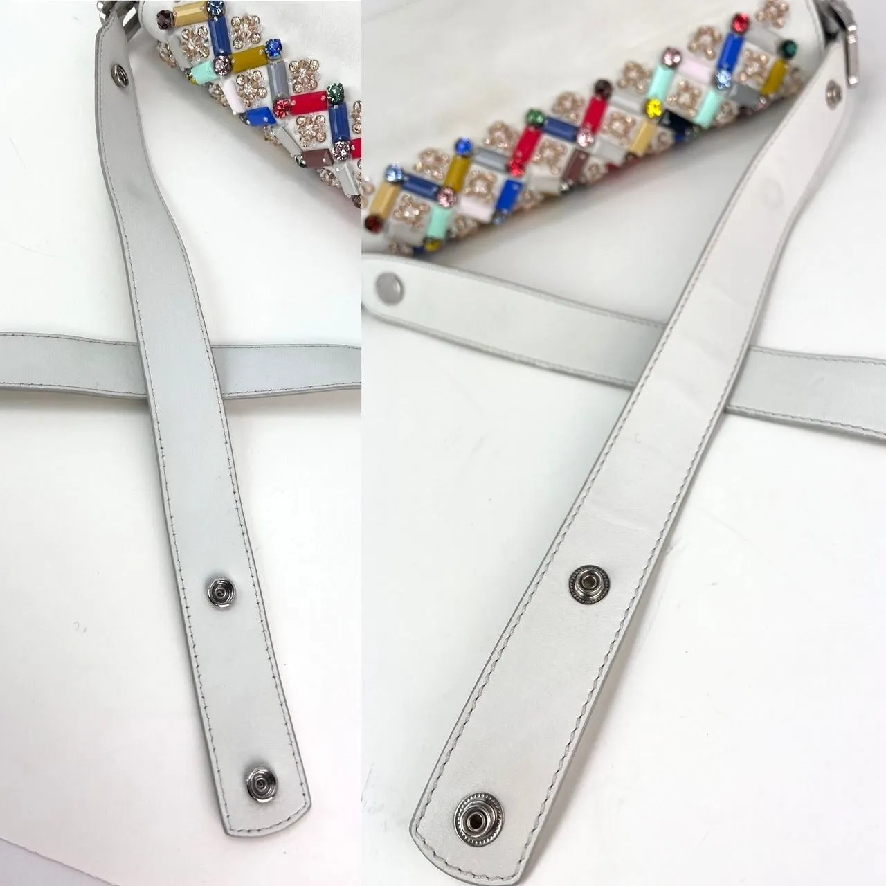 Fendi Vitello Dolce Crystal Baguette Shoulder Bag White Multicolor