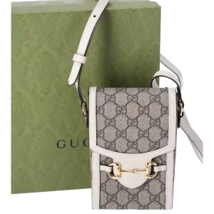 GUCCI GG Supreme Mini Horsebit 1955 Phone Crossbody Bag Beige Ebony
