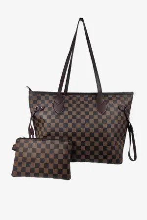 Haley Brown Checkered PVC Two-Piece Bag Set