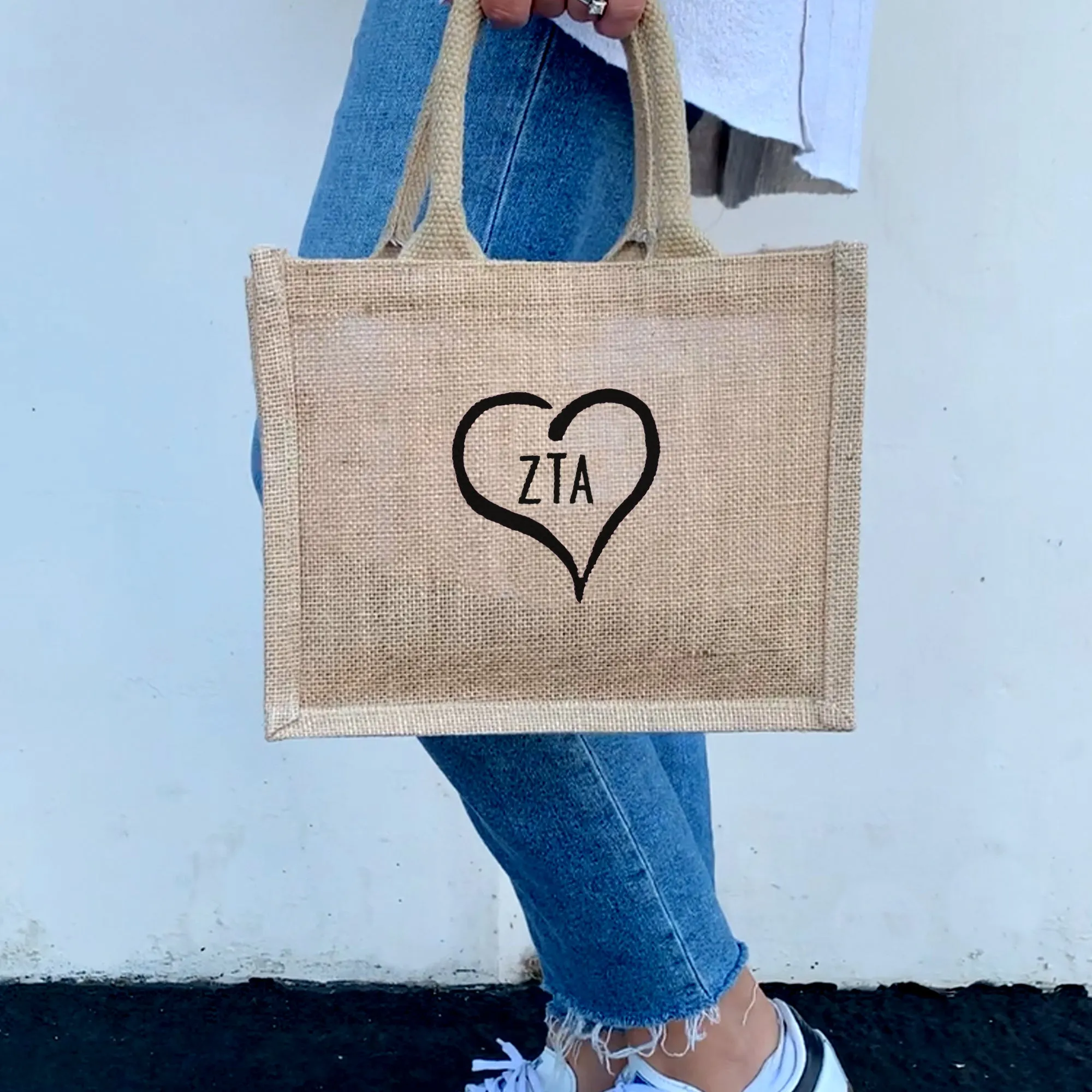 Heart and Sorority Letters Burlap Tote Bag – Perfect for Greek Life, Big Little Gifts, Bid Day