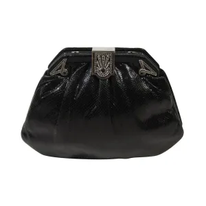 JUDITH LEIBER Black Lizard Clutch with Rhinestone Encrusted Clasp