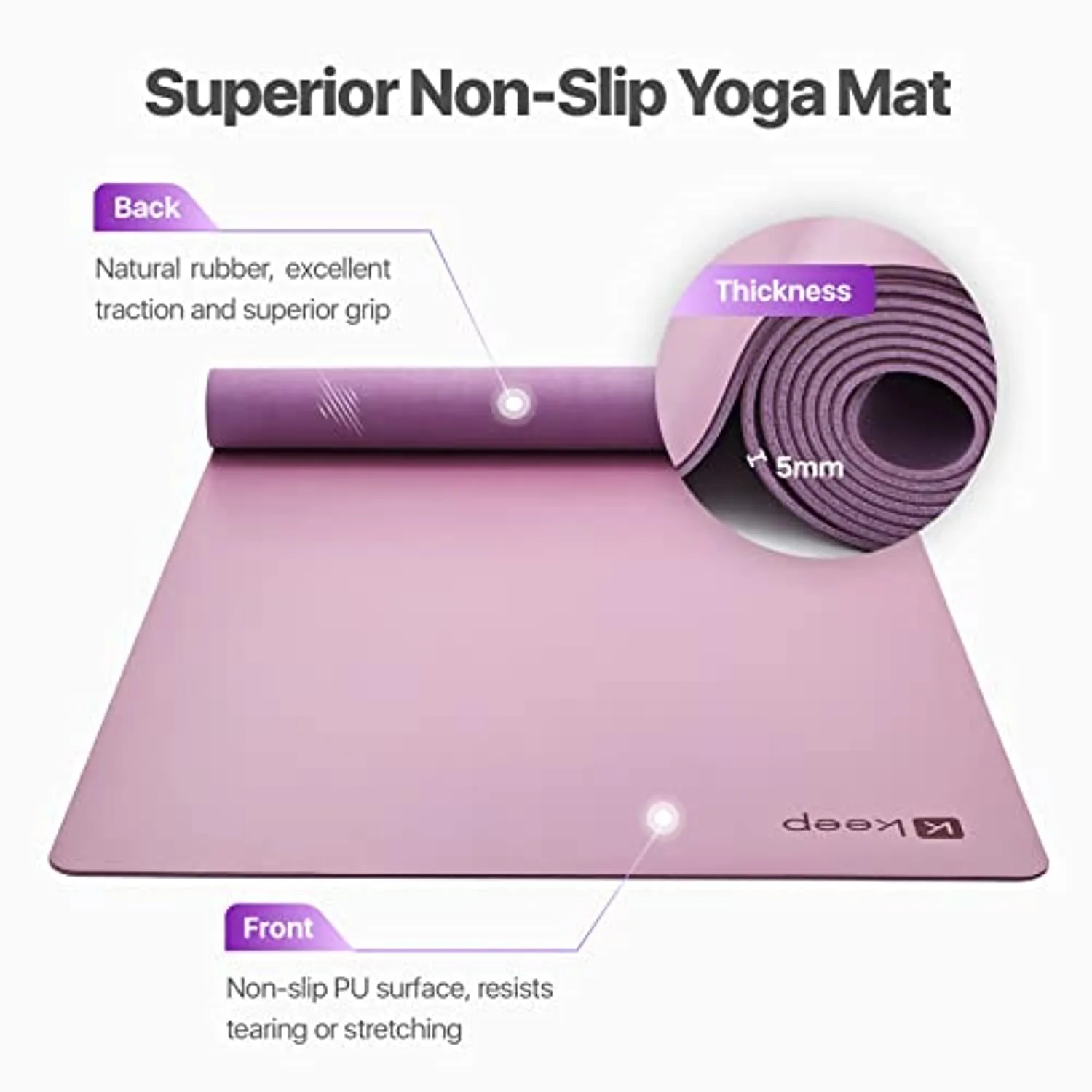 KEEP Premium Yoga Mat- 5mm Thick Non Slip Anti-Tear Fitness Mat for Hot Yoga, Pilates & Stretching Home Gym Workout