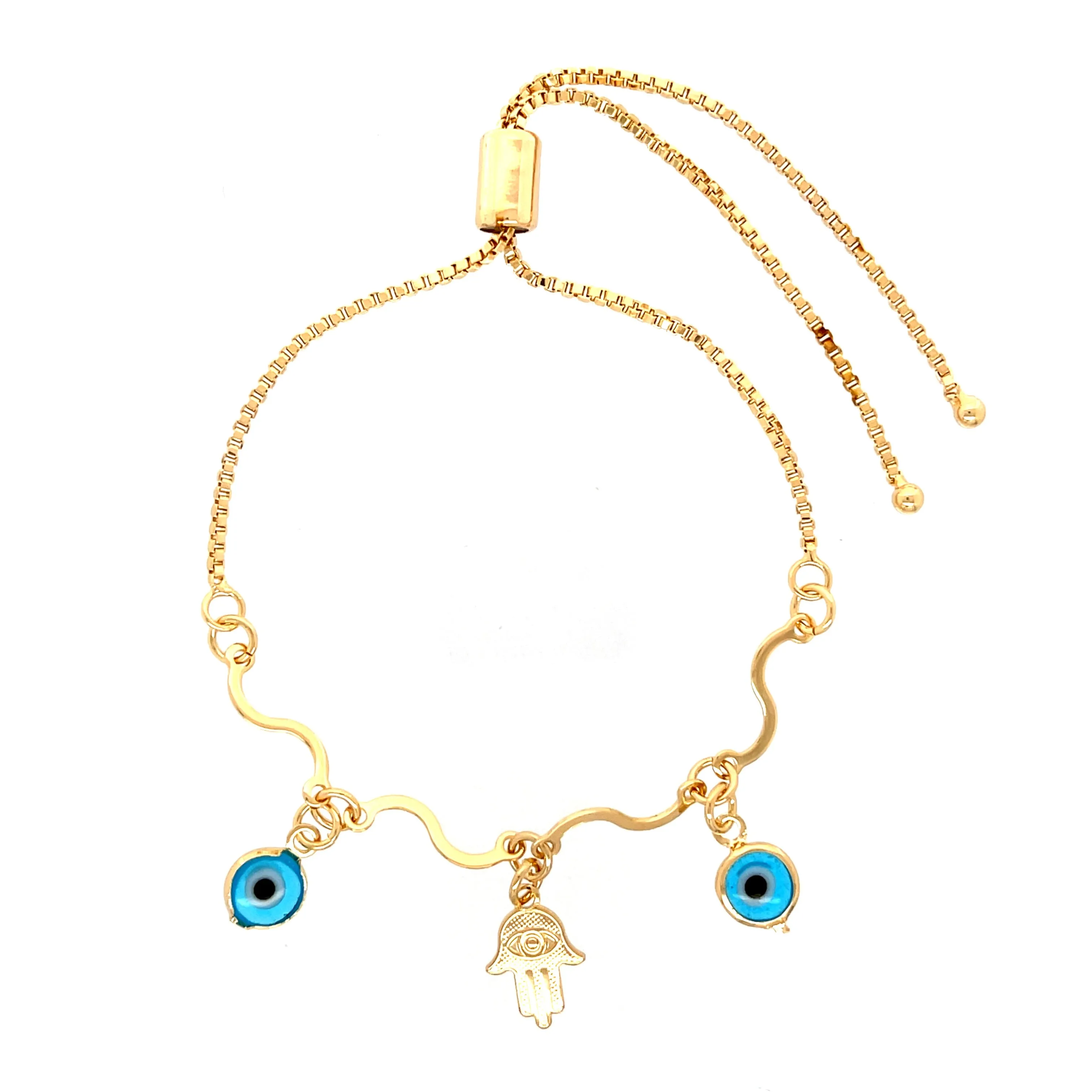 Light Blue Evil Eye and Hamsa Hand Charms Bracelet Adjustable Snake Chain Link