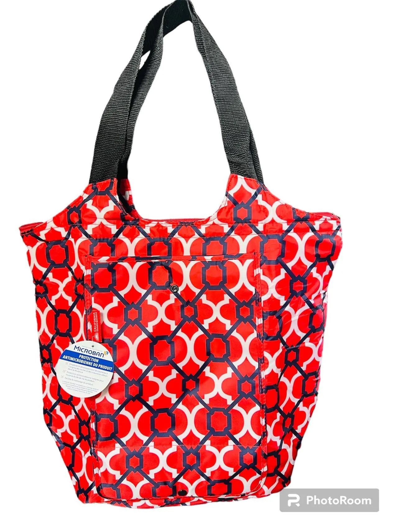 New California Innovations Market Tote! Insulated leak-resistant lining with Microban! Folds compact when not in use! Red/Navy