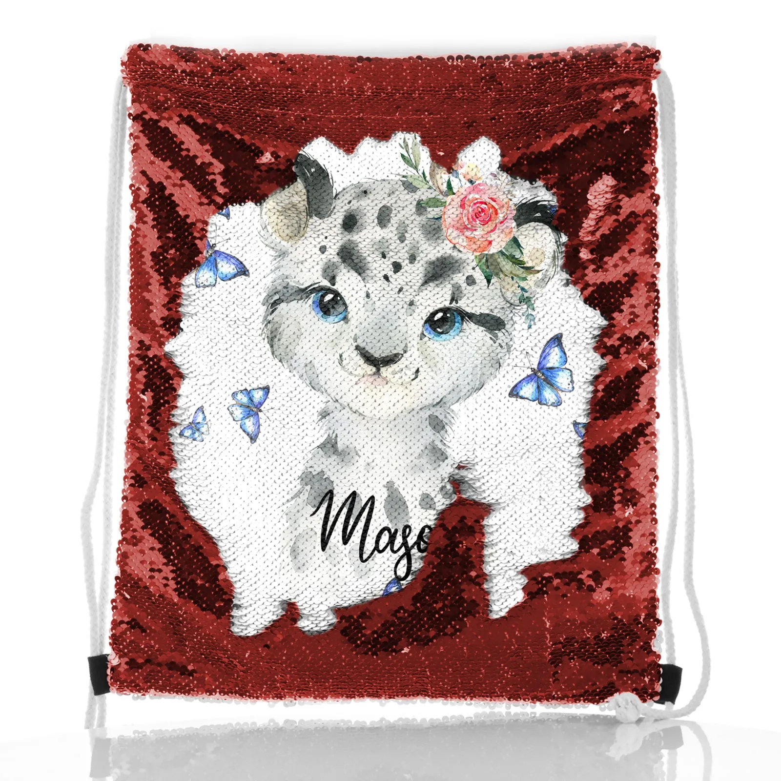 Personalised Sequin Drawstring Backpack with Snow Leopard Blue Butterflies and Cute Text