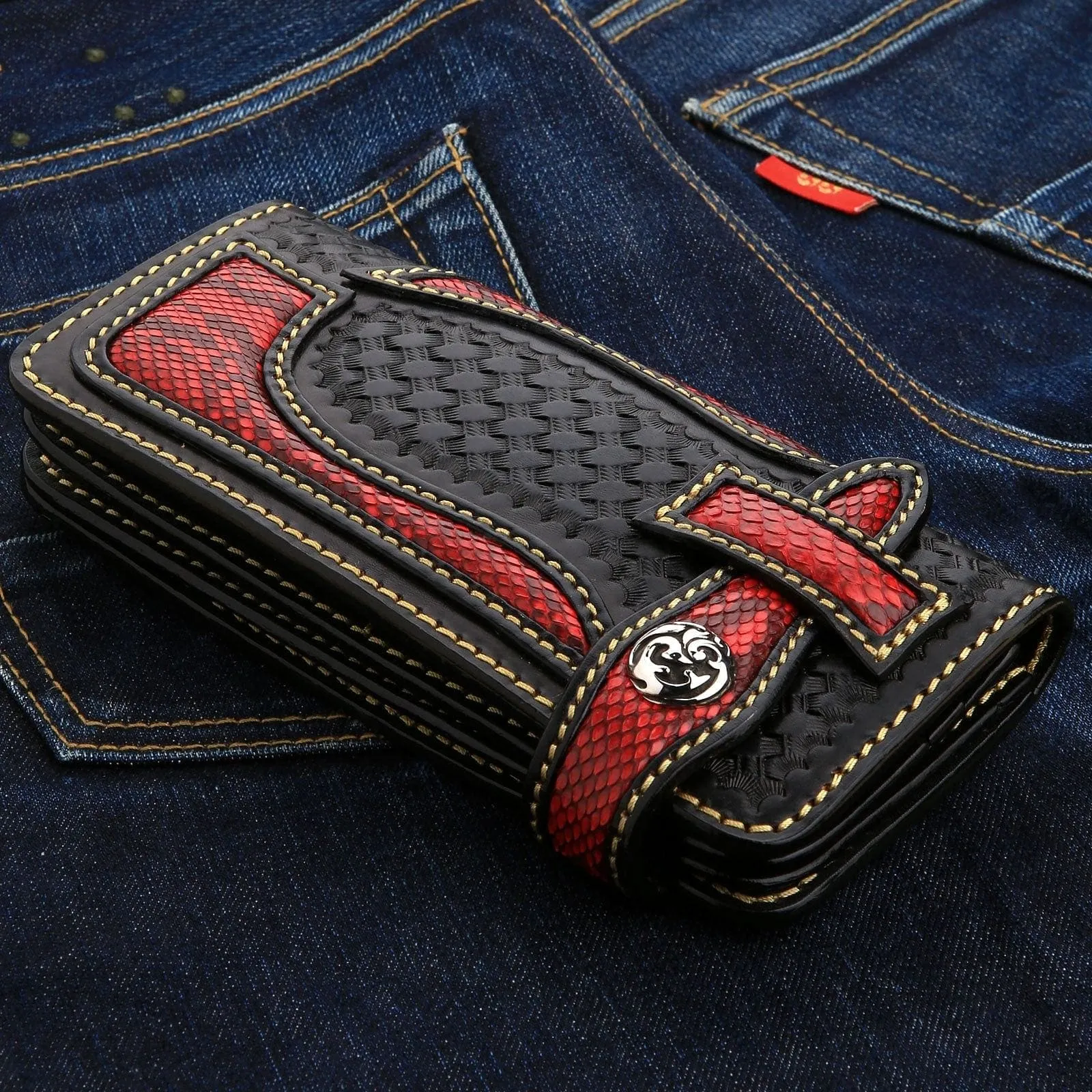 Red Cobra Snake Skin Leather Biker Chain Wallet