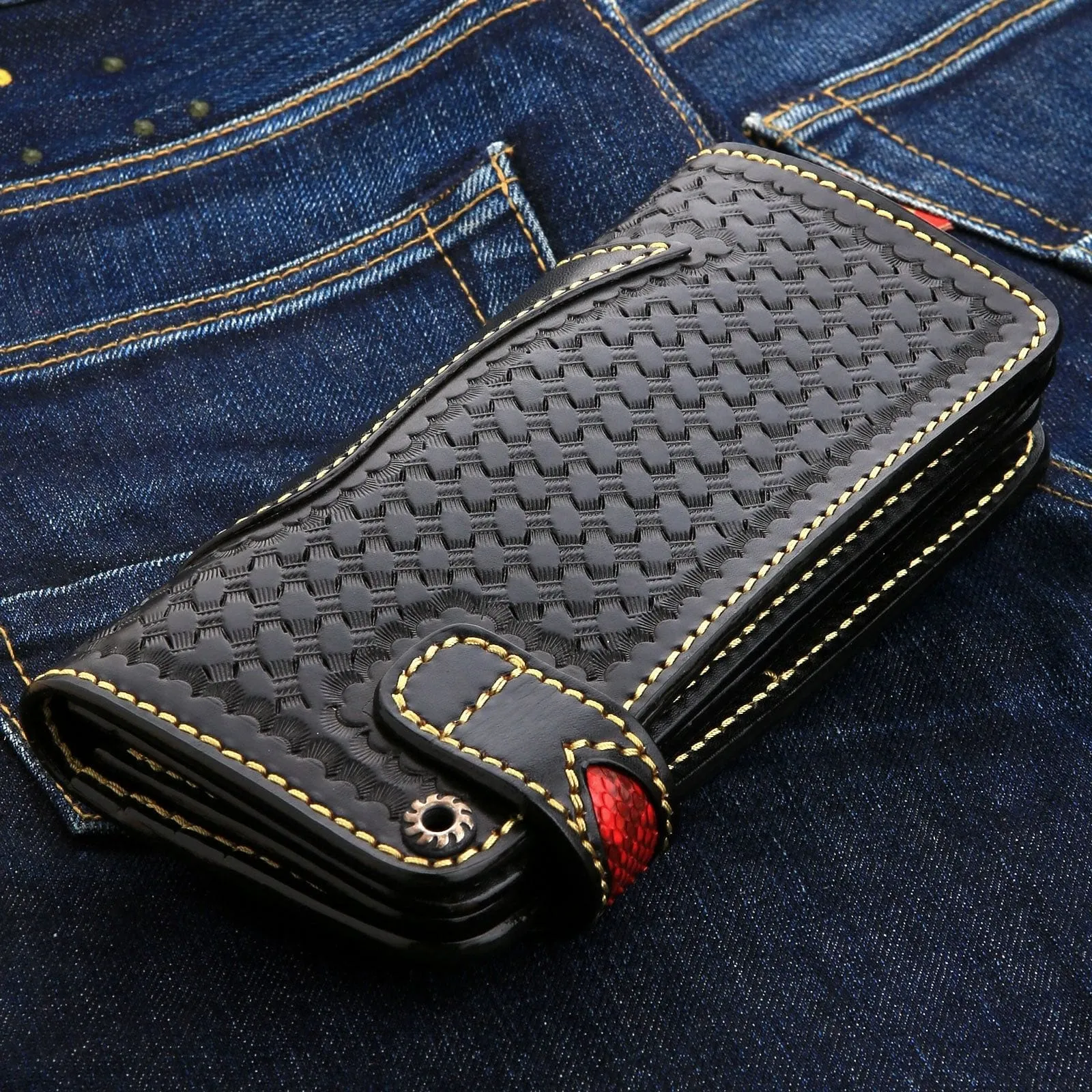 Red Cobra Snake Skin Leather Biker Chain Wallet