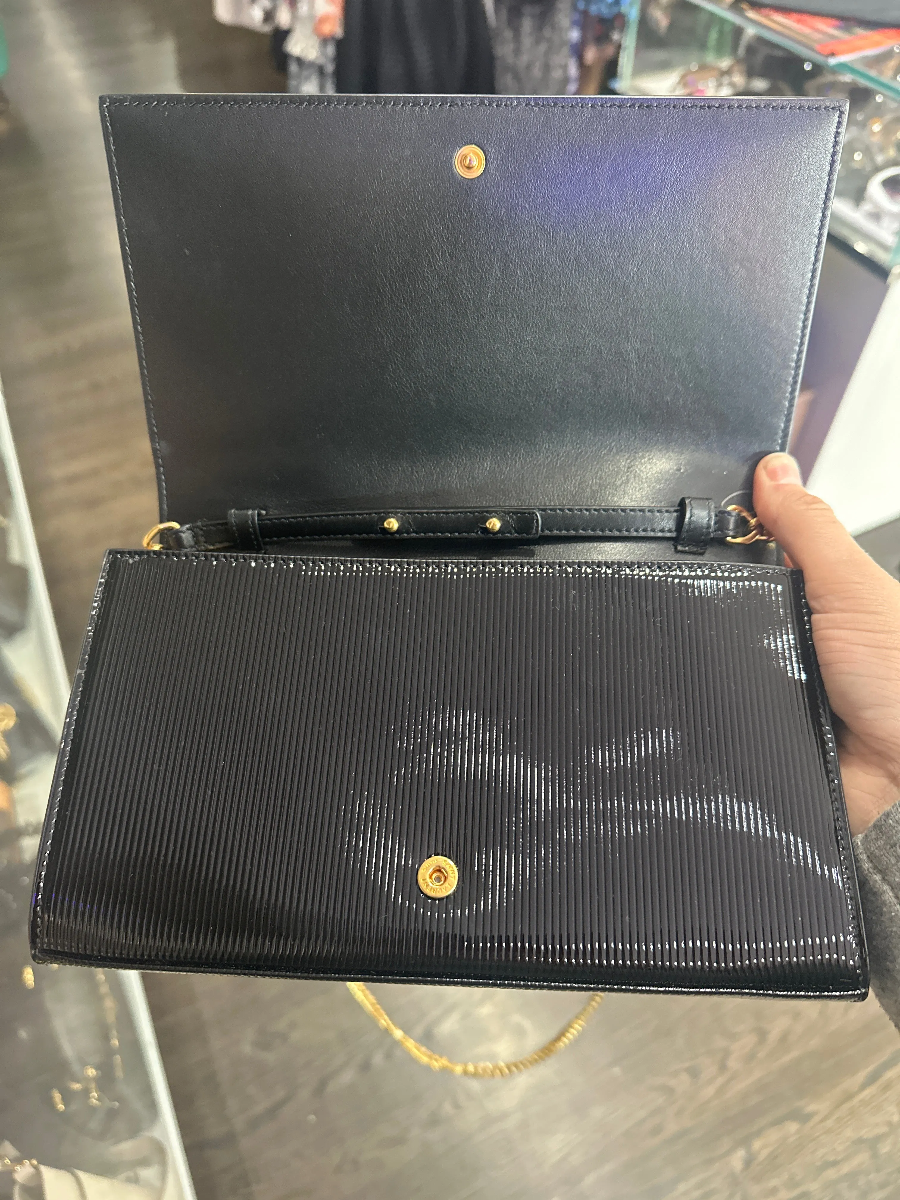 Saint Laurent Black Patent Leather textured Clutch with Gold Crossbody Hardware