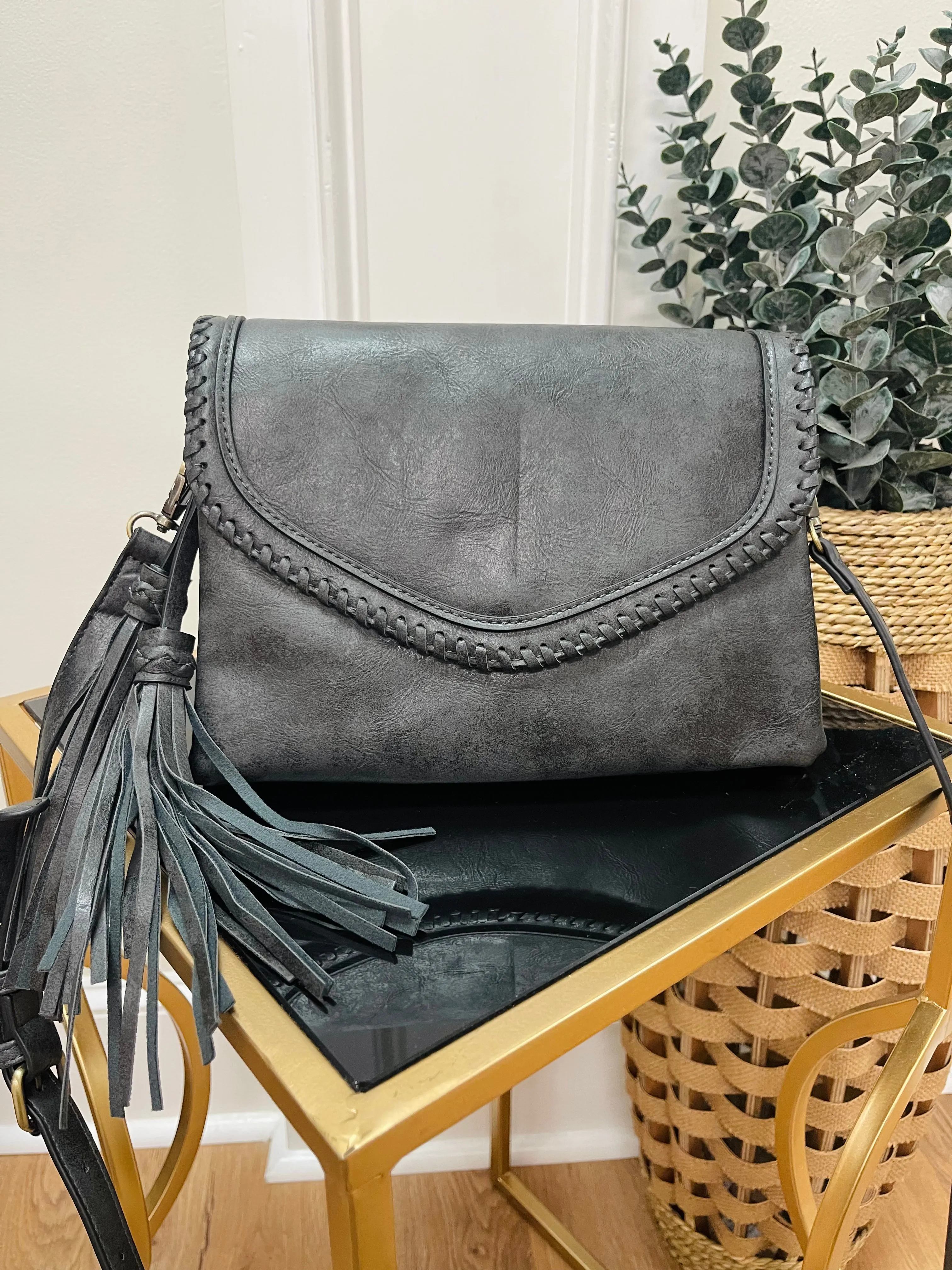 Whipstitch   Tassel Black Crossbody